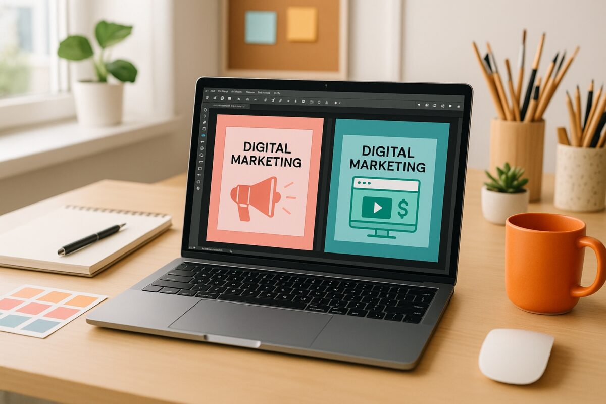 Workspace with laptop creating mockups