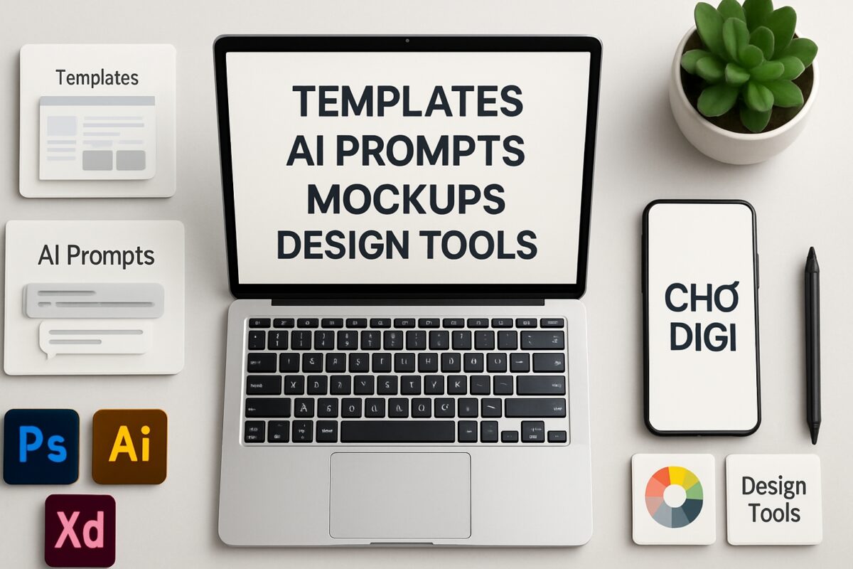 Sản phẩm số như template, prompt AI, mockup và tài nguyên thiết kế trên bàn làm việc