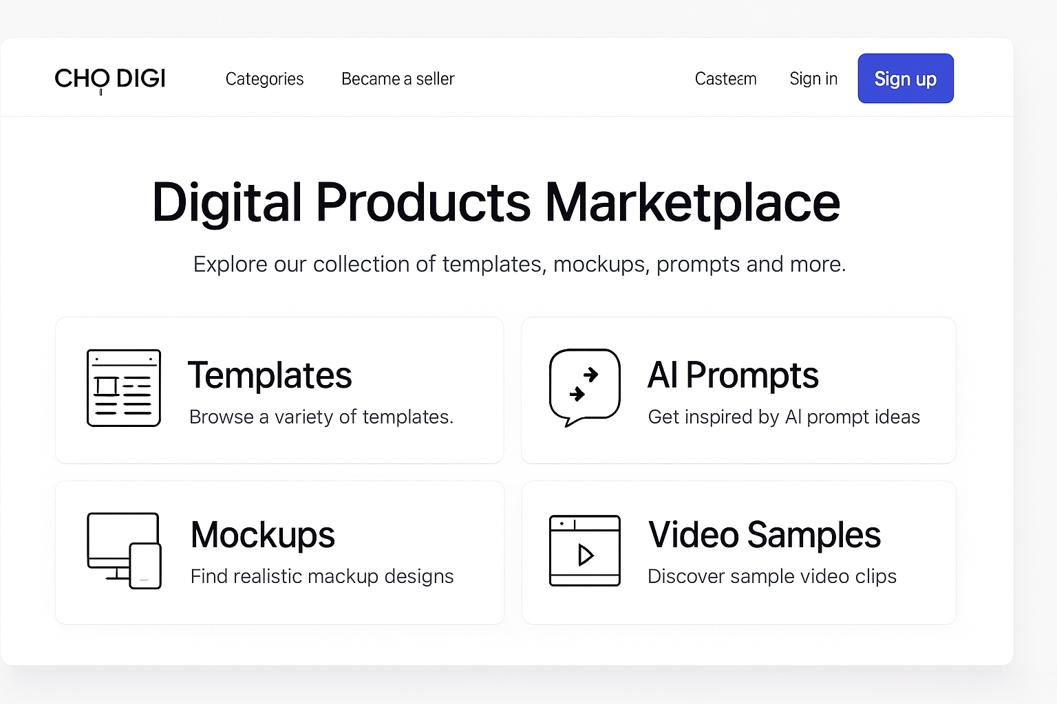 Giao diện trang web Chợ Digi với các danh mục sản phẩm số