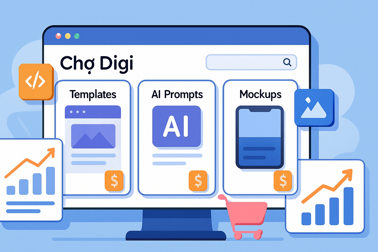 Minh họa thị trường sản phẩm số với template, prompt AI và mockup cùng biểu đồ doanh số