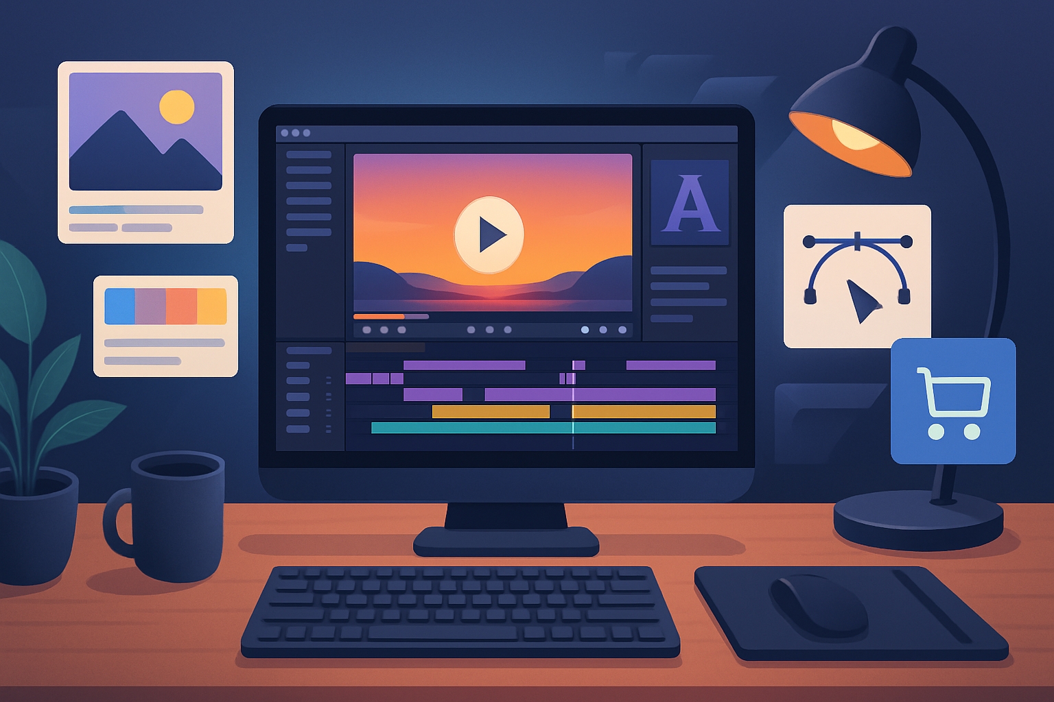 Không gian làm việc sáng tạo với màn hình chỉnh sửa video và tài nguyên thiết kế số