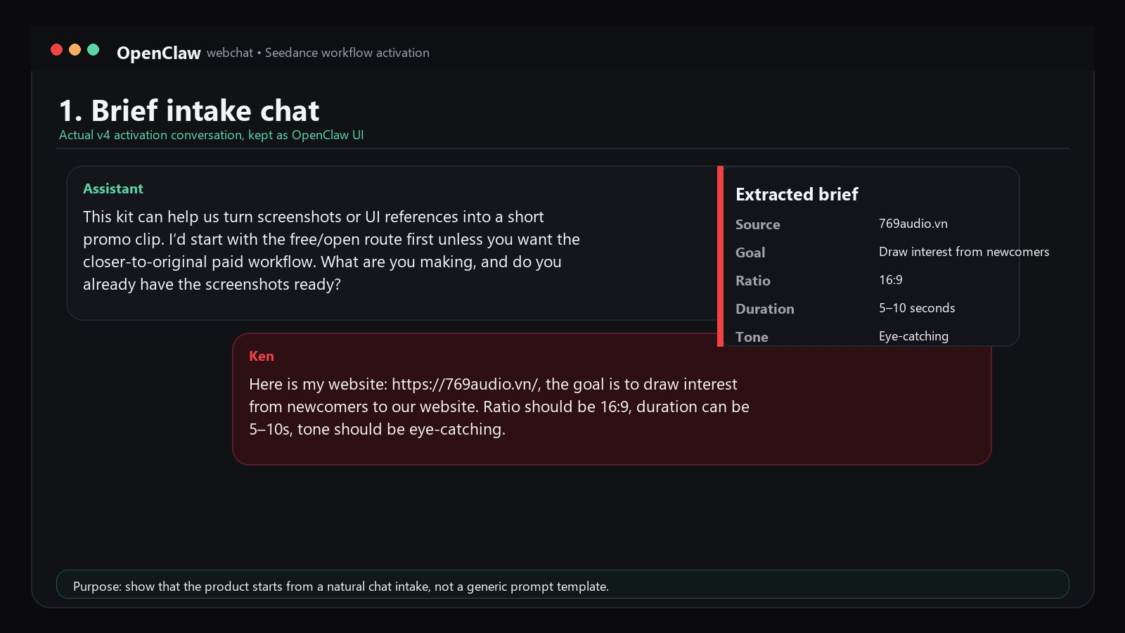 OpenClaw brief intake chat for Seedance workflow