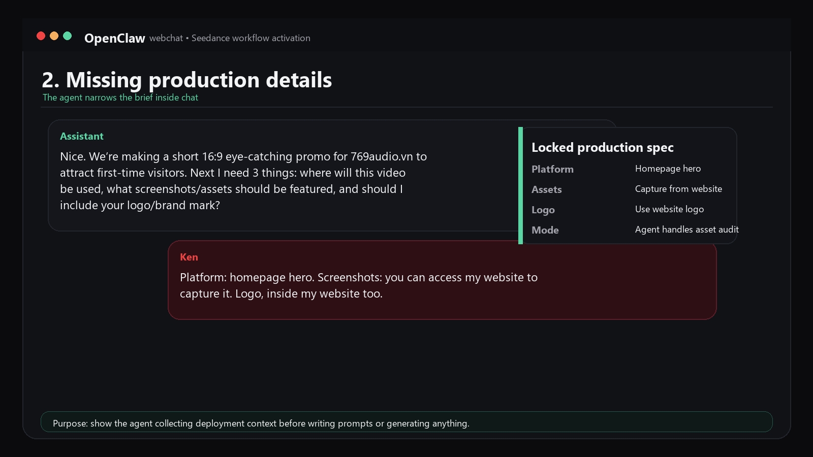 OpenClaw production details step for Seedance workflow