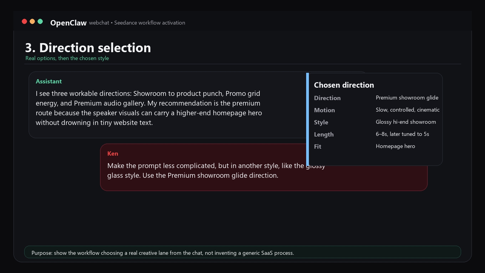 OpenClaw direction selection step for Seedance workflow