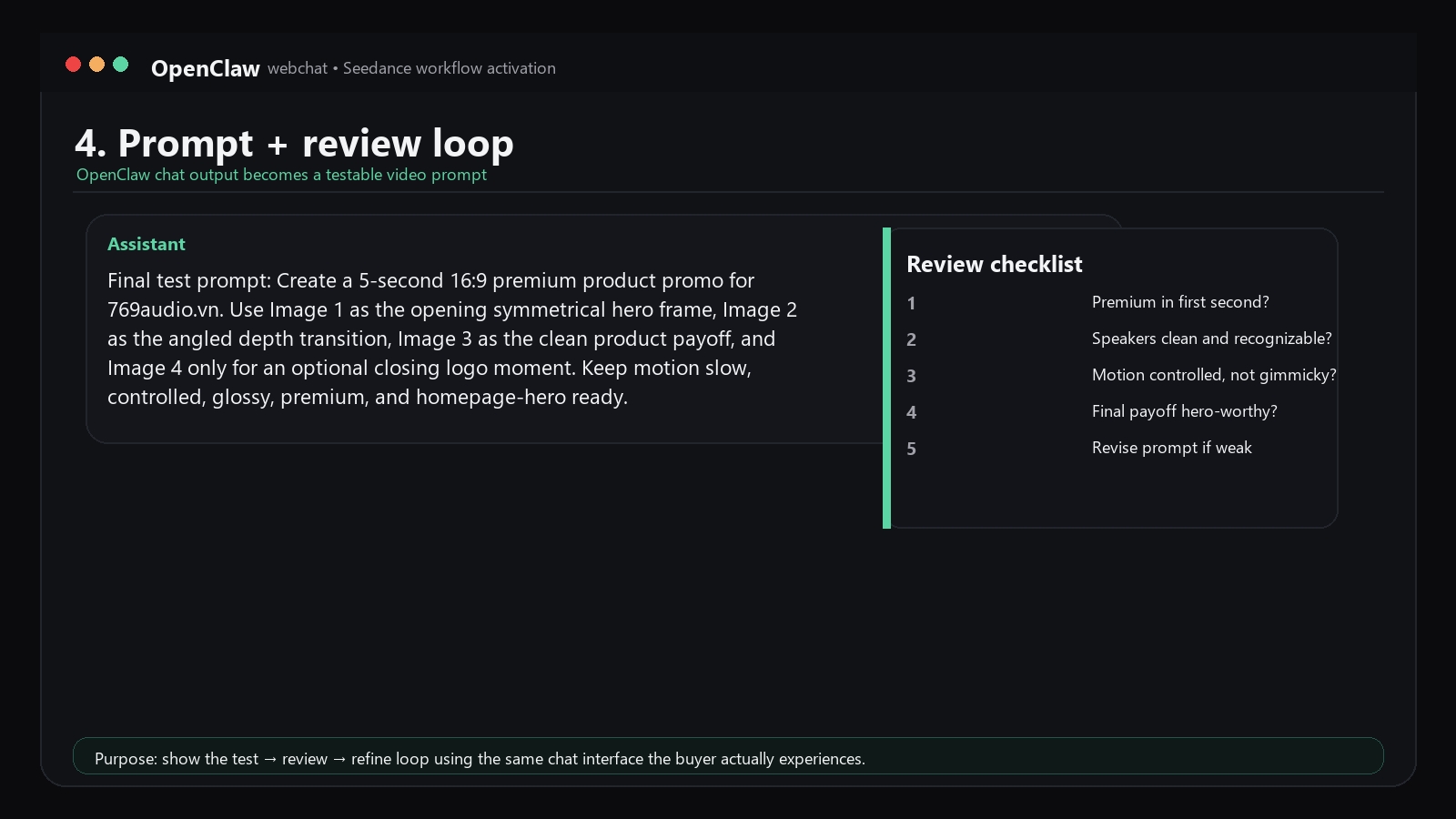 OpenClaw prompt and review loop step for Seedance workflow