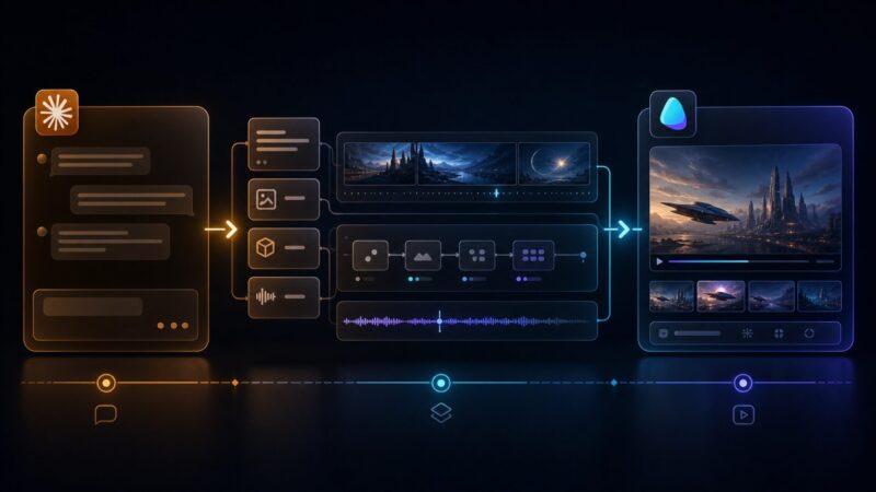 Workflow board showing Claude-style planning moving through prompt cards into Seedance video output
