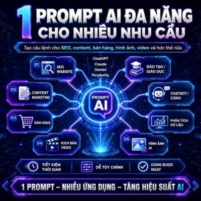 Prompt AI đa năng ứng dụng cho SEO website, content marketing, bán hàng, video, hình ảnh, chatbot, dữ liệu và giáo dục.