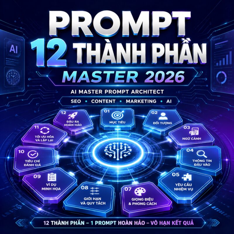Prompt 12 thành phần Master 2026 với hệ thống AI tạo câu lệnh chuyên nghiệp cho SEO, content, marketing và bán hàng.